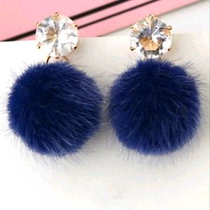 Blue Round Plush Fur Drop Dangle Earrings